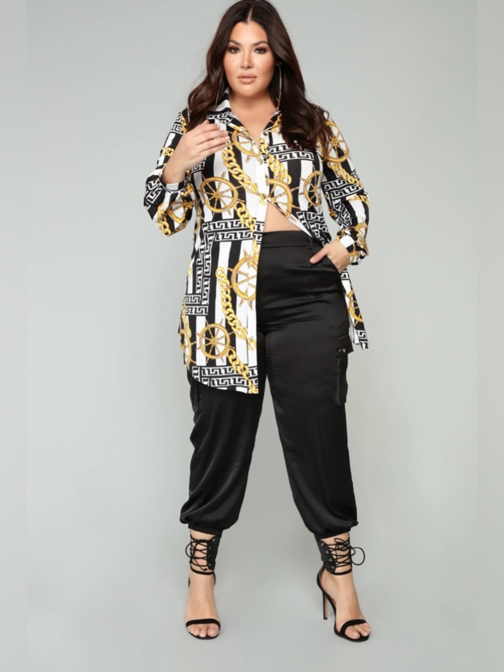 Geometric Nautical Chain Print Collared Button Blouse Black Gold Size 2X